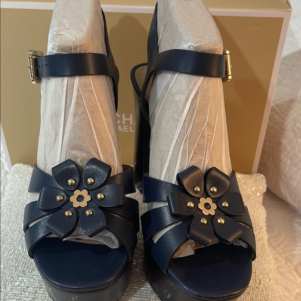 Michael Kors Blue Heels with Floral Embellishment